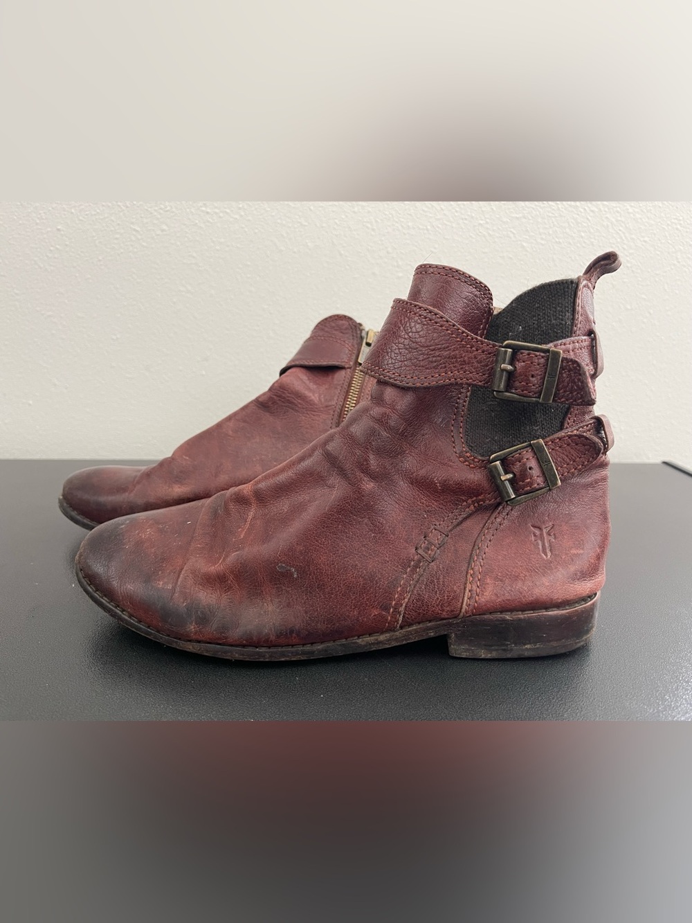 Women’s Frye Anne Gore Brown Leather Ankle Boots with Buckle Detail